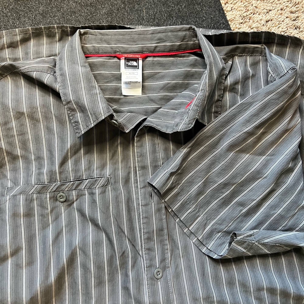 The North Face grey pin stripe short sleeve button down